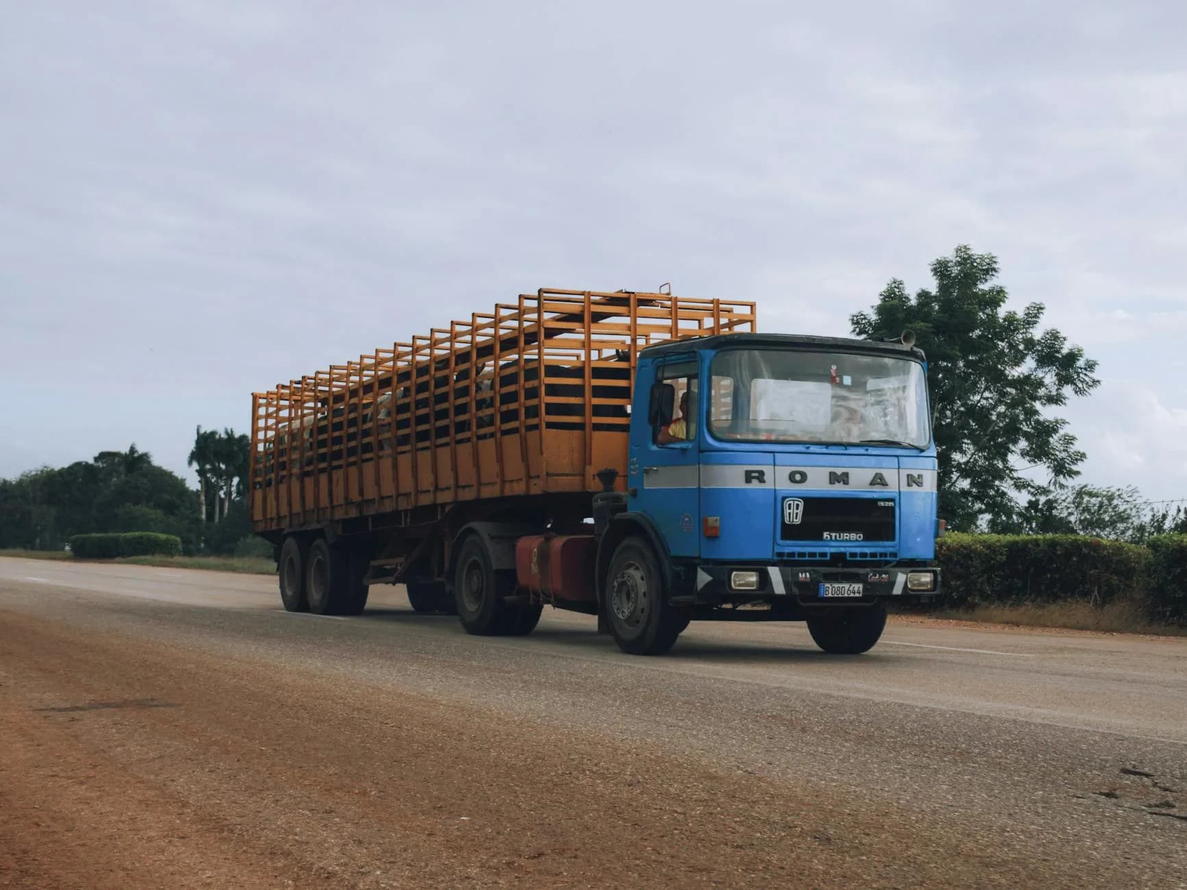 A Blue Truck Transporting Livestock On A 4