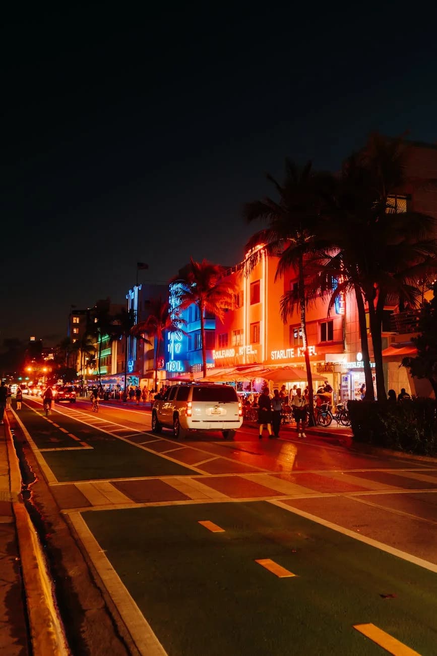 Colorful Neon Lit Miami Beach Street At 1