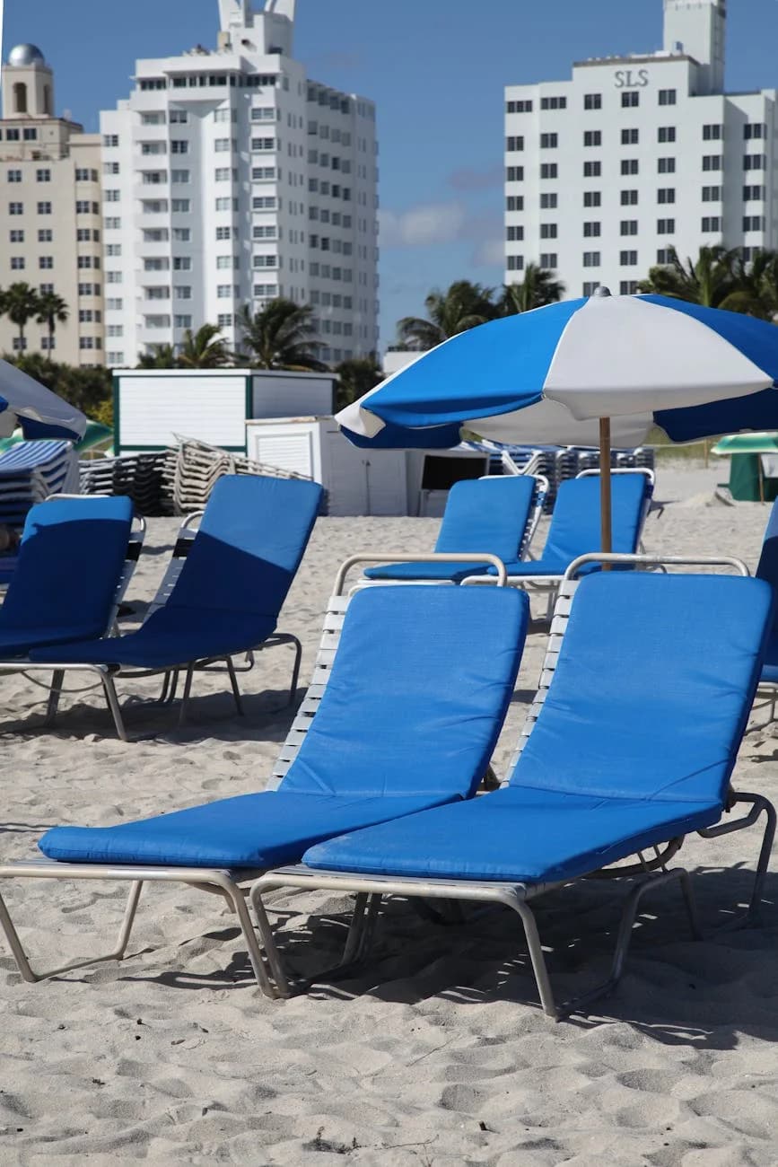 Loc Relax On Blue Beach Chairs With Umbrella 1