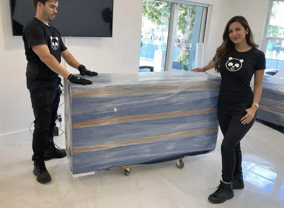 Professional Miami movers carefully wrapping items for safe transport